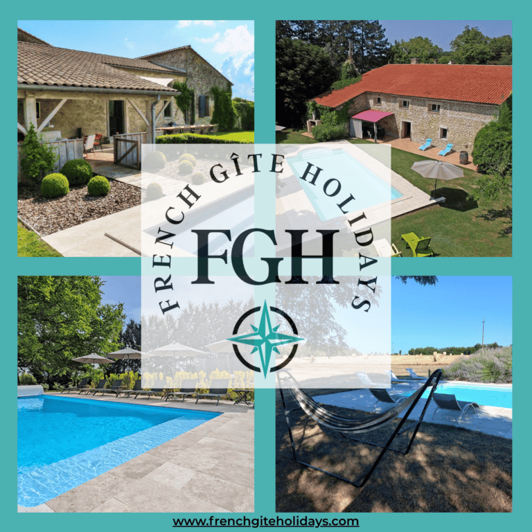Square advert advertising French Gite holidays showing 4 individual images of French Gite holiday rentals and swimming pools
