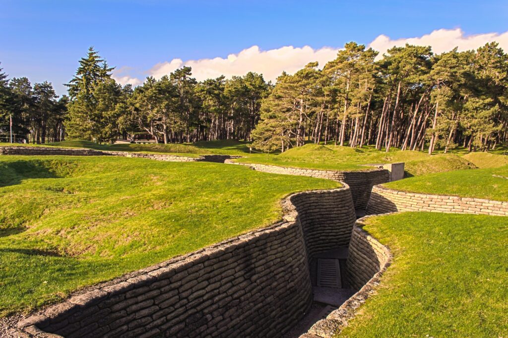 view across the war tenches with grasslands on top and forest in the background.